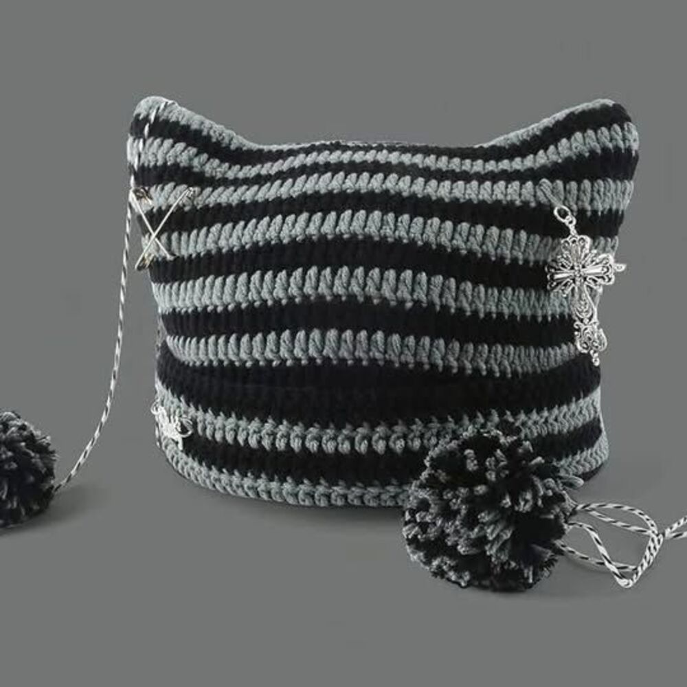 Black Grey Crochet Beanie Y2K Grunge Emo Hat with Pom Poms